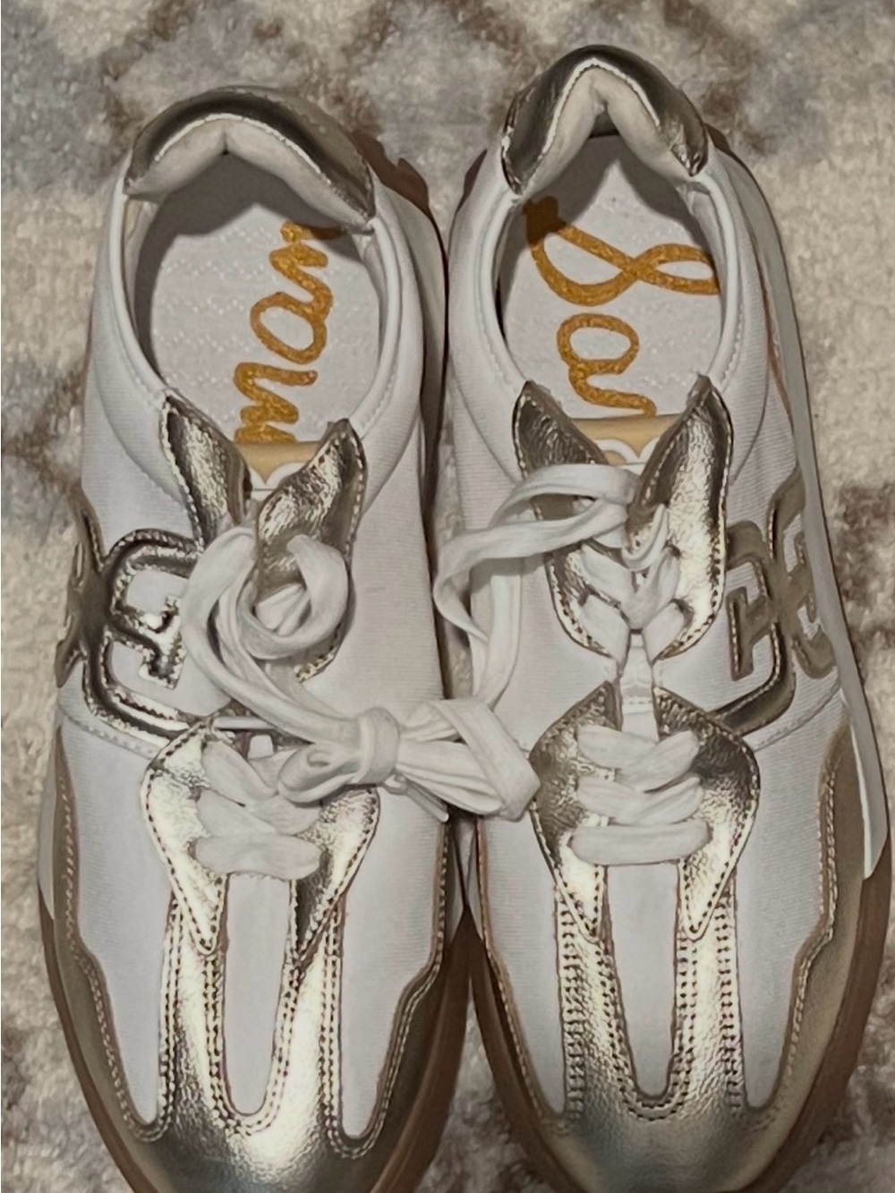 Sam Edelman Langley Lace-up White Sneakers with Metallic Gold Accents